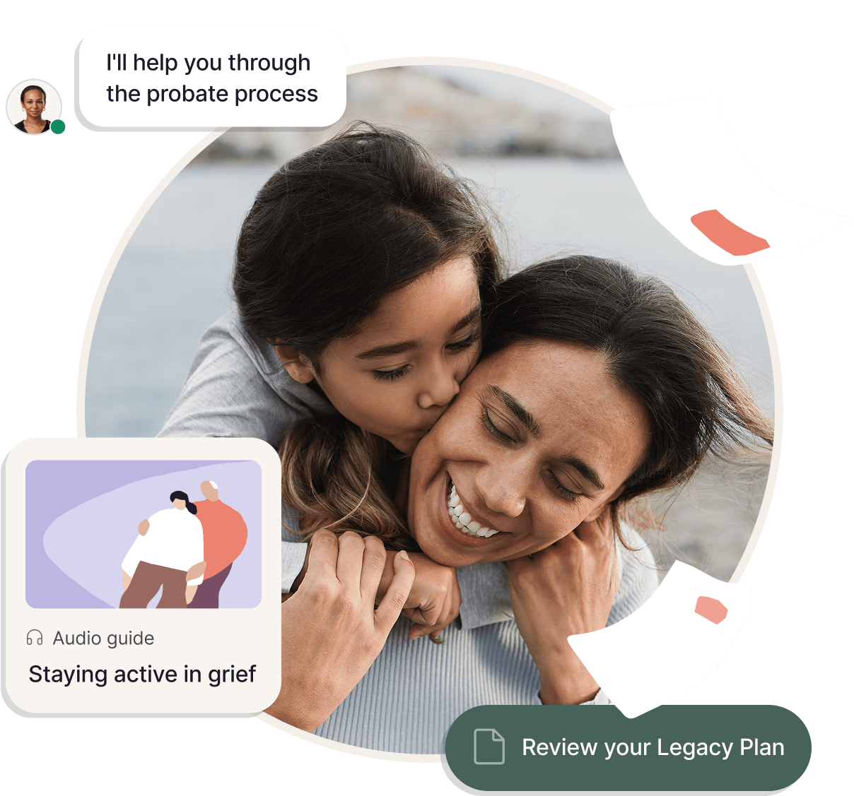 A joyful mother and daughter embrace near a body of water, with the daughter hugging and kissing her mother from behind. Overlaid elements include a chat bubble with a portrait of a professional saying "I'll help you through the probate process", a graphic titled "Audio guide: Staying active in grief", and a button labeled "Review your Legacy Plan", surrounded by floating paper illustrations