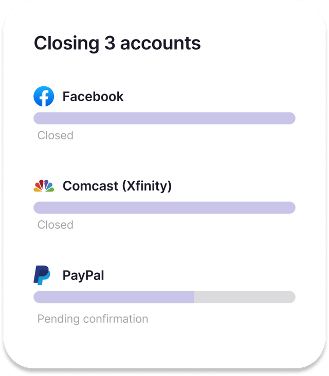 Closing Accounts Widget including closed Facebook and Comcast (Xfinity) account, and a pending closing of PayPal account