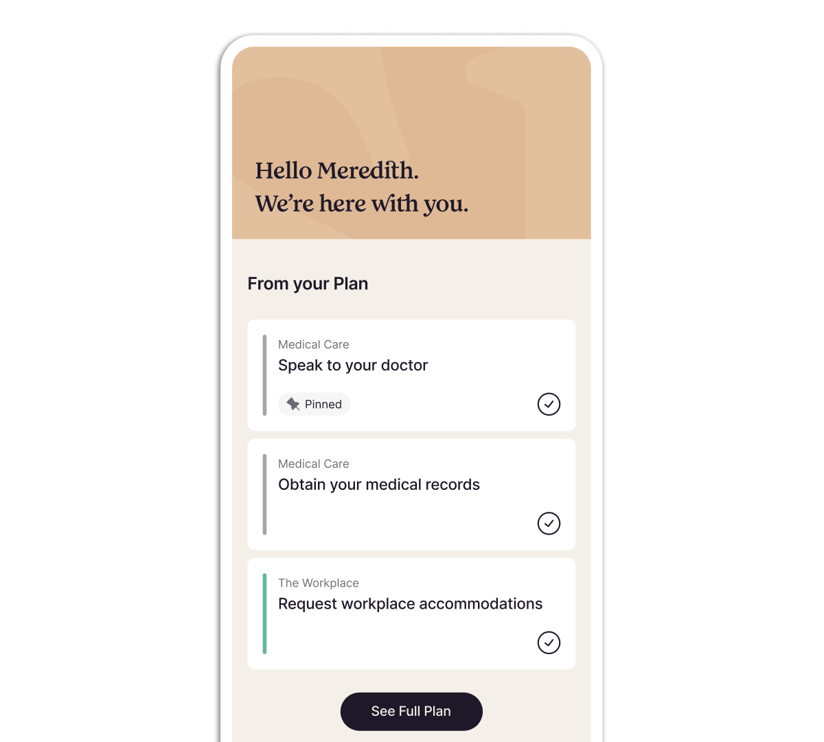 Mobile screen showing a personalized greeting and care plan tasks in the Empathy app, including “Talk to family and friends,” “Notify your employer,” and “Donate their toys or other items.”