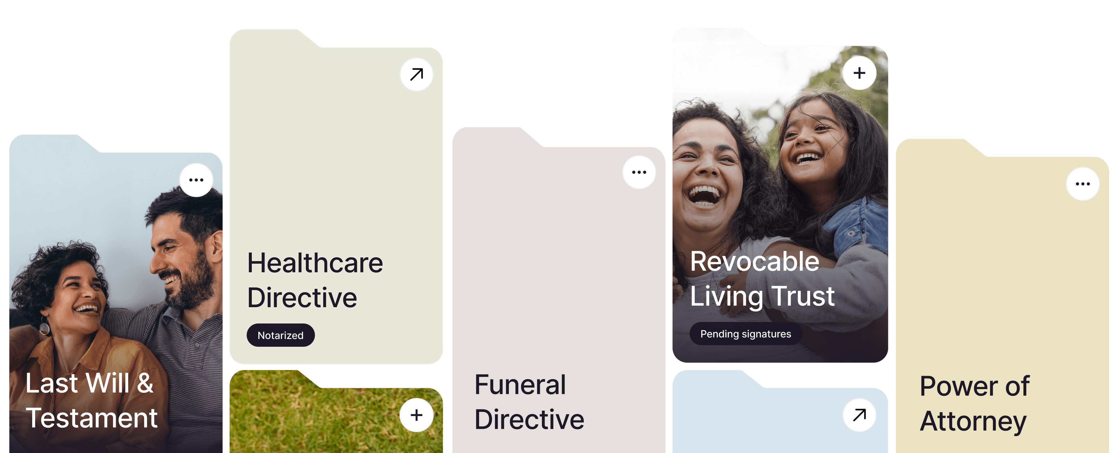 A graphic display featuring an array of folders representing different estate planning documents. The folders include "Last Will & Testament," "Healthcare Directive" (notarized), "Funeral Directive," "Revocable Living Trust" (pending signatures), and "Power of Attorney." The card for "Last Will & Testament" shows a couple smiling at each other, and the "Revocable Living Trust" card features a joyful woman and a young girl outdoors.