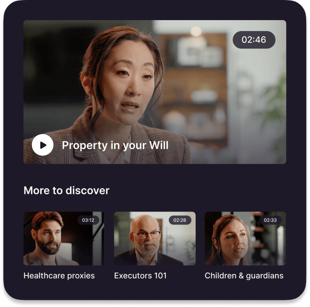 A media interface featuring a video player. The main video is titled "Property in your Will," with a still image of a woman speaking. Below it, there is a section labeled "More to discover" with three additional video thumbnails: "Healthcare proxies", "Executors 101", and "Children & guardians", each featuring different individuals.