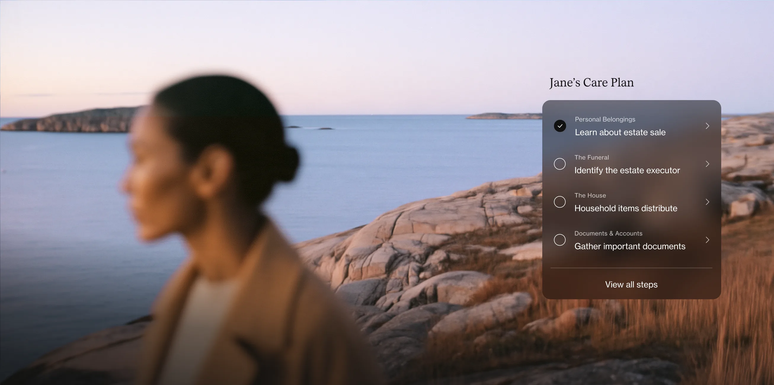 A woman by the sea at dusk, beside a Care Plan checklist from the Empathy app