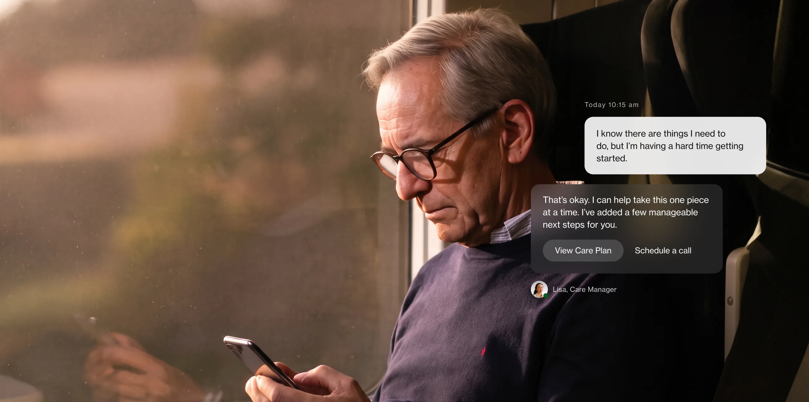 An older man reading his phone on a train, beside a message thread with his Empathy Care Team
