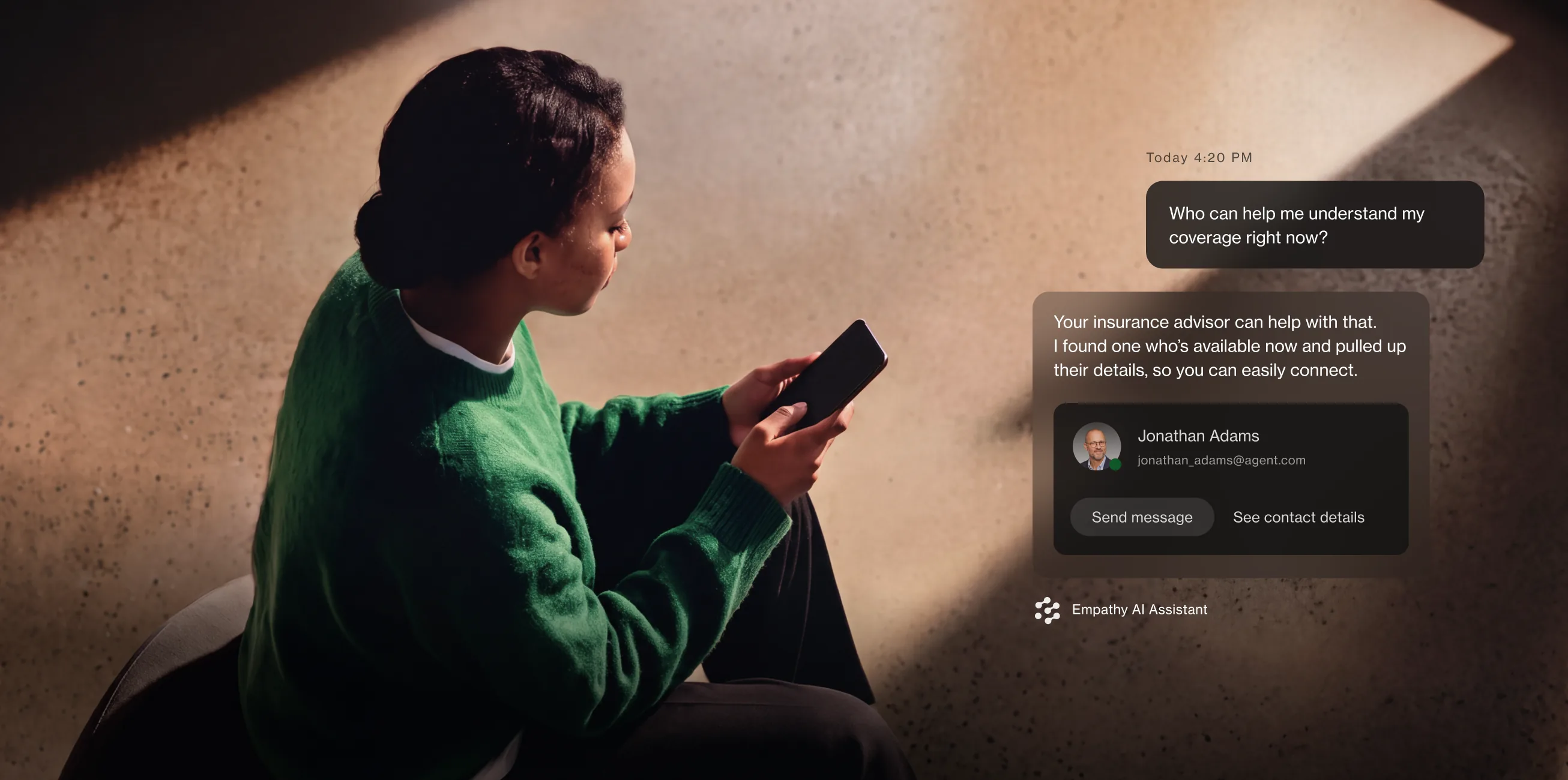 A woman in a green jumper reading her phone, beside a Care Team message connecting her to an insurance advisor