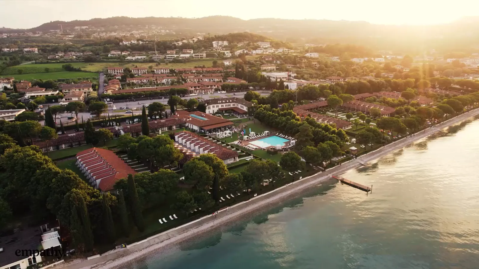 An aerial view of the lakeside hotel at the Global Retreat