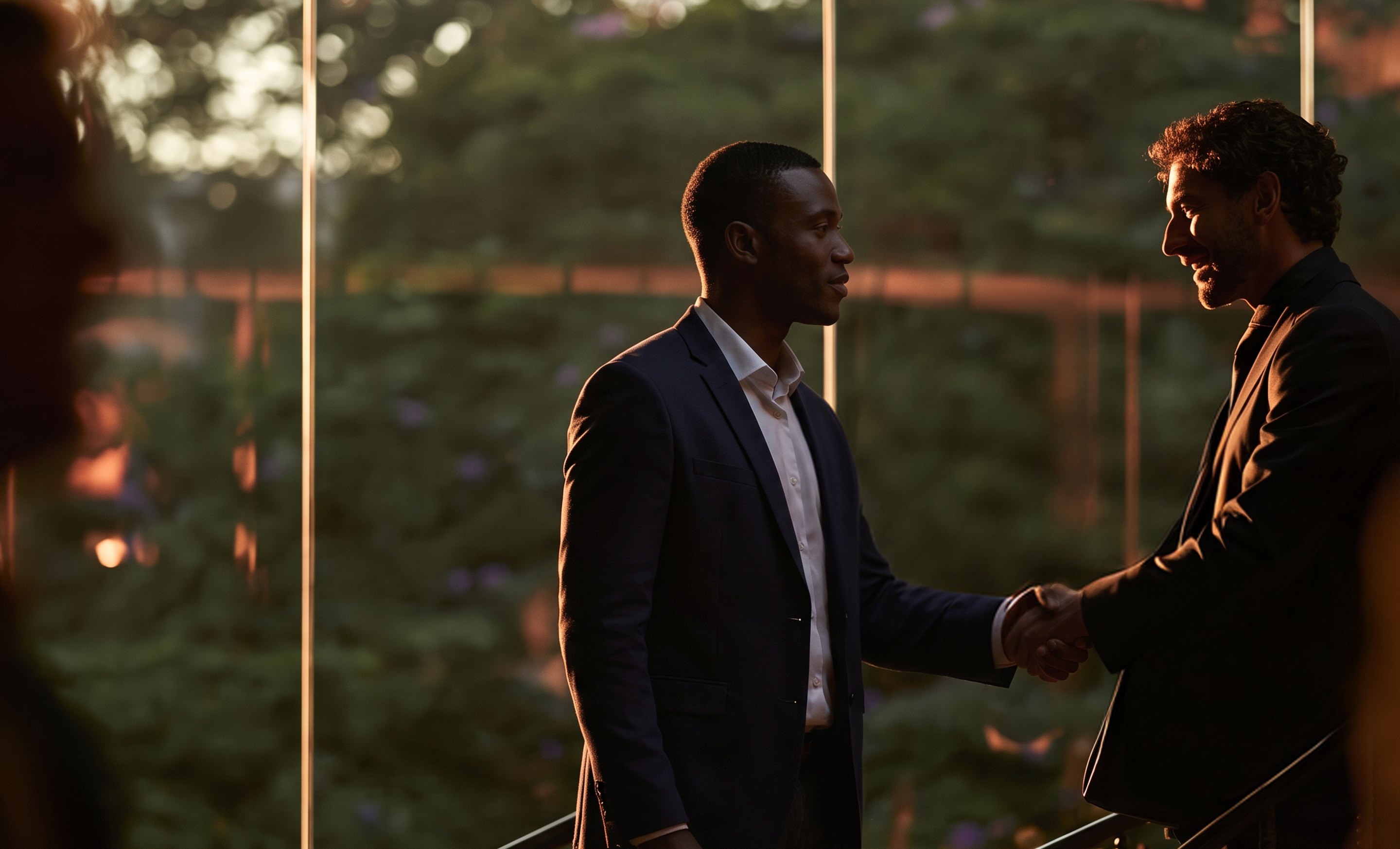 Two men shaking hands at a rooftop gathering at sunset