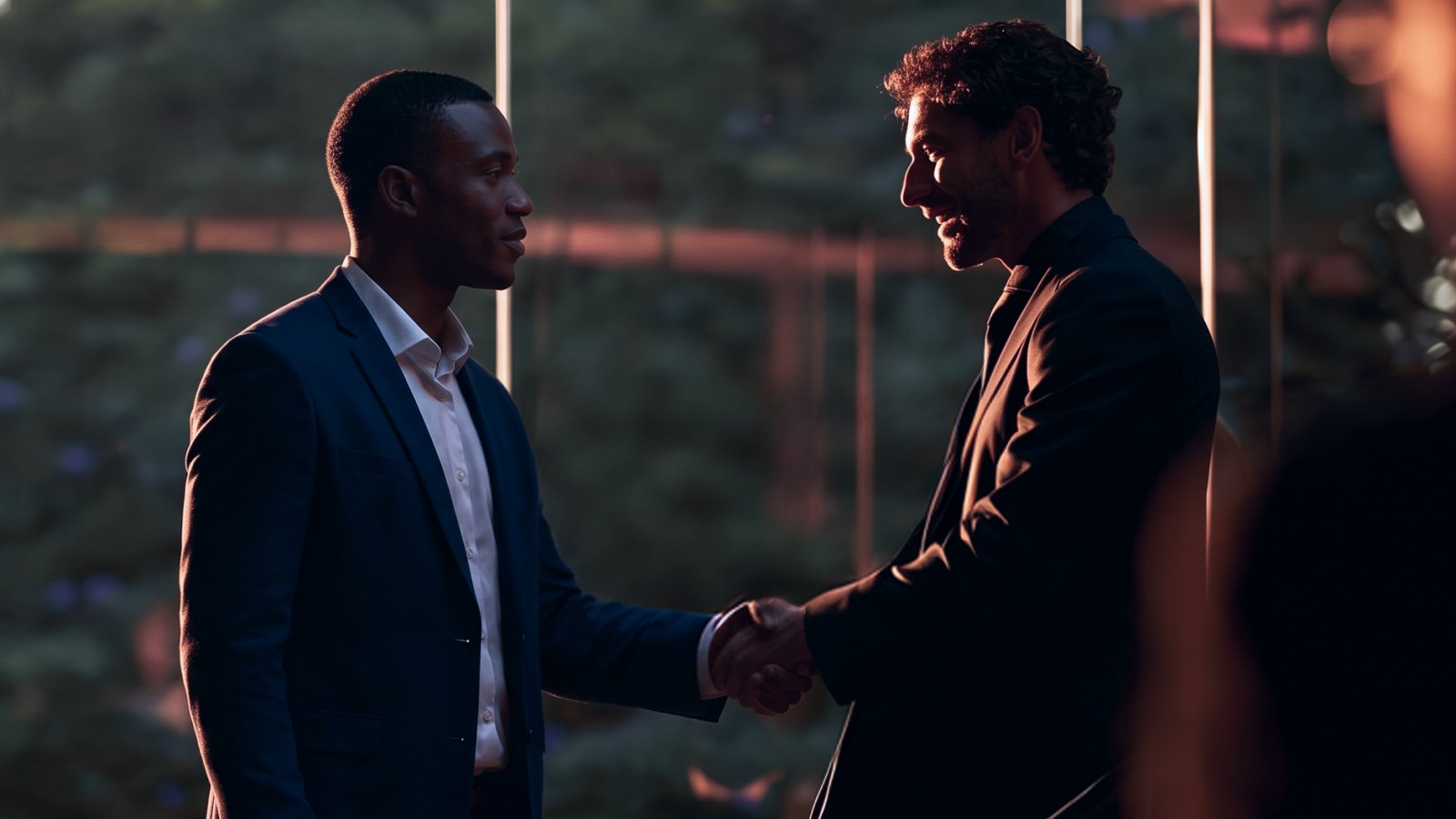 Two men shaking hands on a garden terrace at golden hour