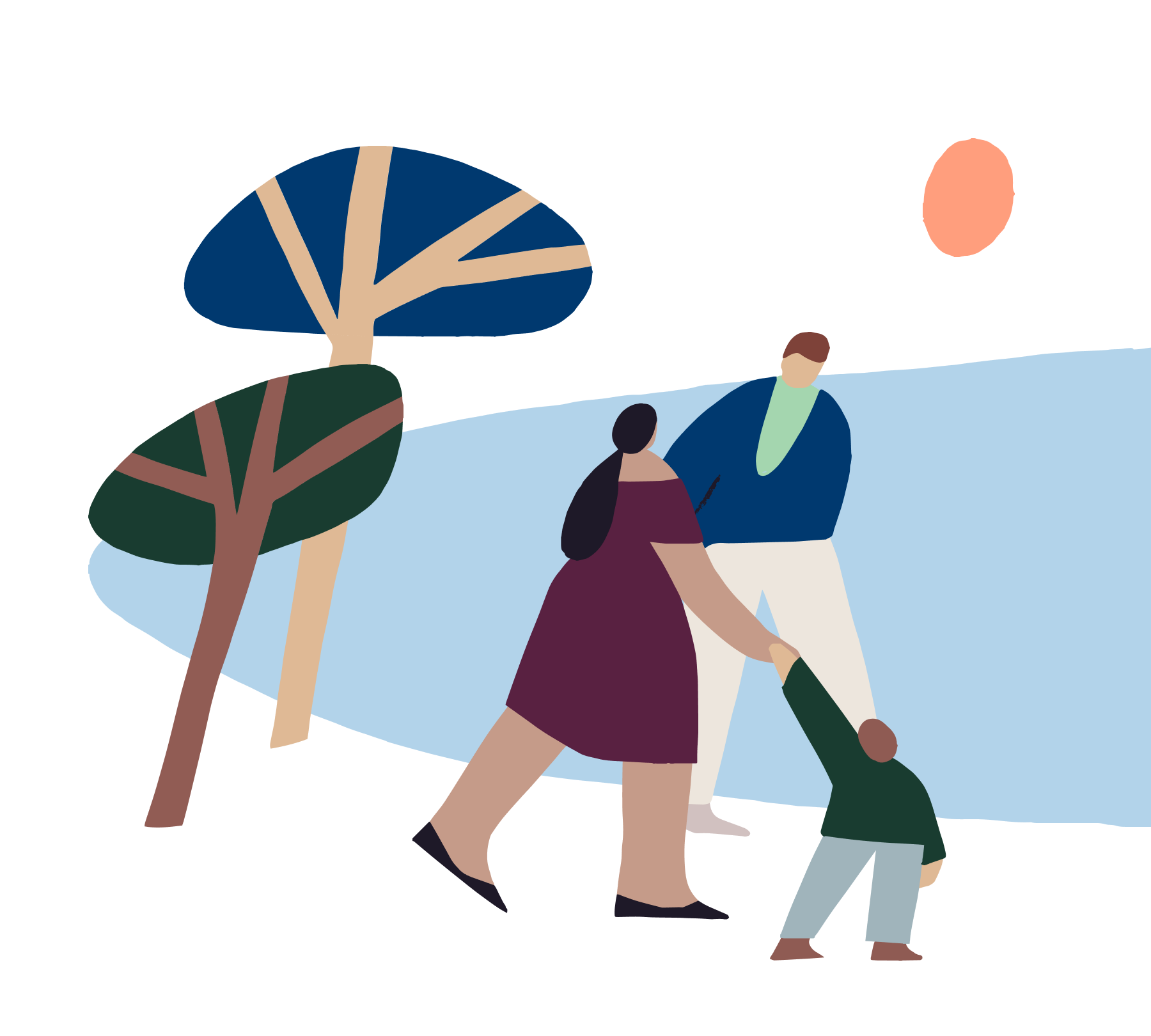 woman and man walking with young child